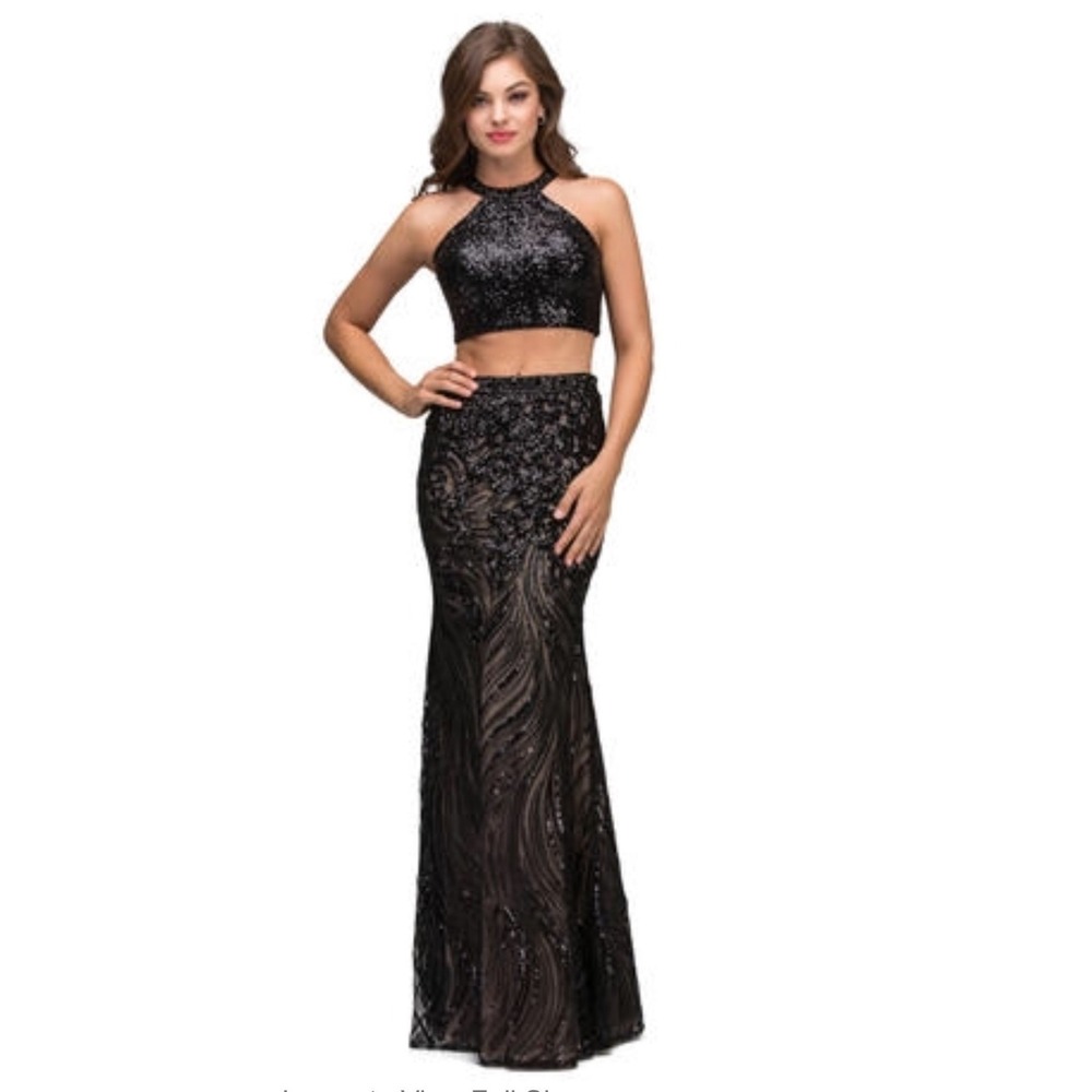 LUCCI LU 8258 2Pc Black Sleeveless Prom Formal Keyhole Back Floor Length Stunner
